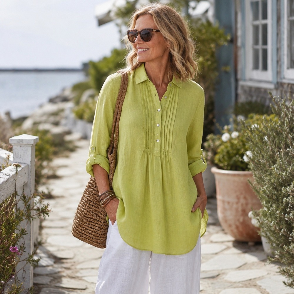 Nurture Womens 100% Linen Tunic Top Size S Chartreuse Pintuck Lagenlook Popover
